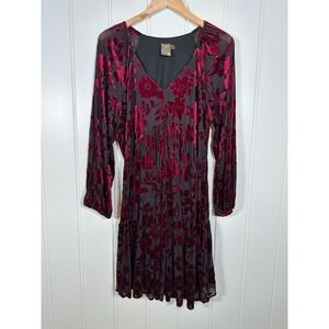 Taylor Dress 14 Black Red Velvet Velour Floral Burnout 3/4 Sleeve Whimsygoth
